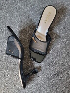 ​GUESS Dolley Mesh Black Kitten Heel Mule Sandals Gold Logo Size 6M
